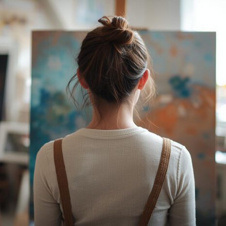 一個亞洲女性的背影,他正在繪畫工作室裡創作