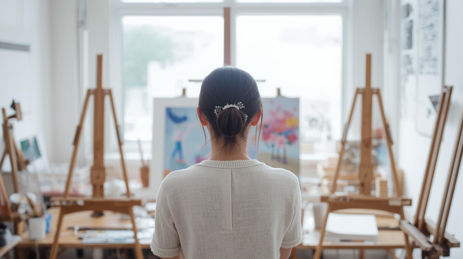 一個亞洲女性的背影,他正在繪畫工作室裡創作1