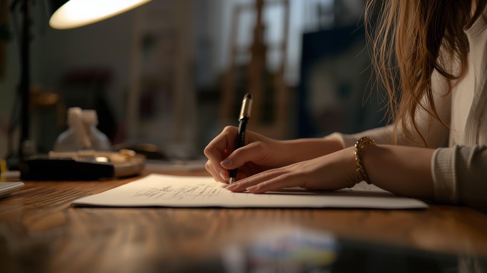 手在書桌上汲汲寫字,背景是工作室,女生的手