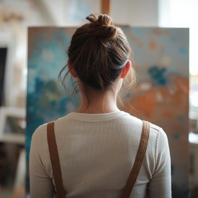 一個亞洲女性的背影,他正在繪畫工作室裡創作