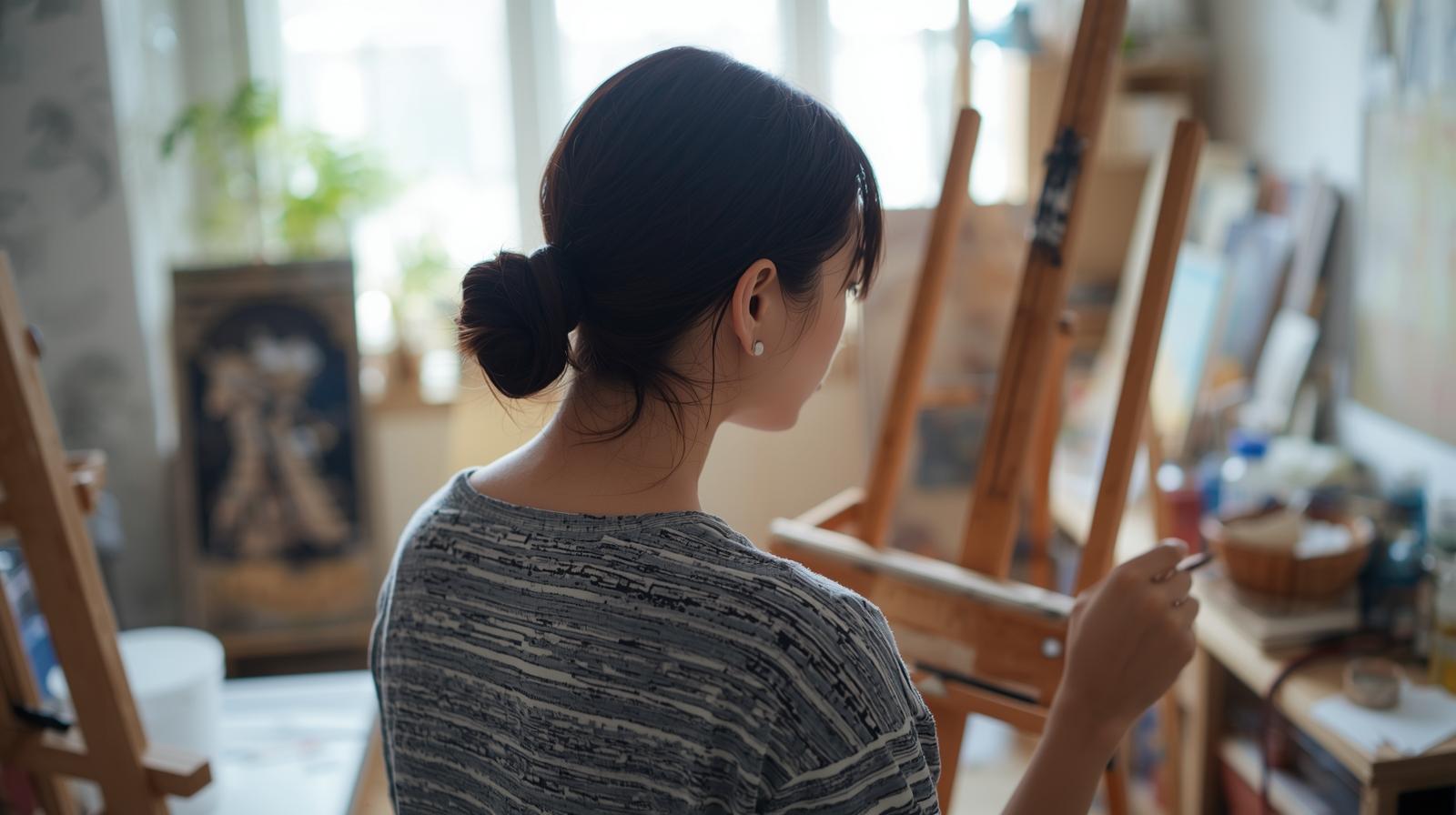 一個亞洲女性的背影,他正在繪畫工作室裡創作, 微側面2