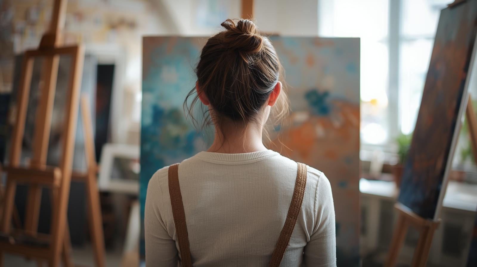 一個亞洲女性的背影,他正在繪畫工作室裡創作
